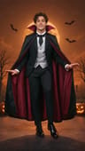 Spooky Scary Skeletons AI dance in a vampire cape under an orange moon