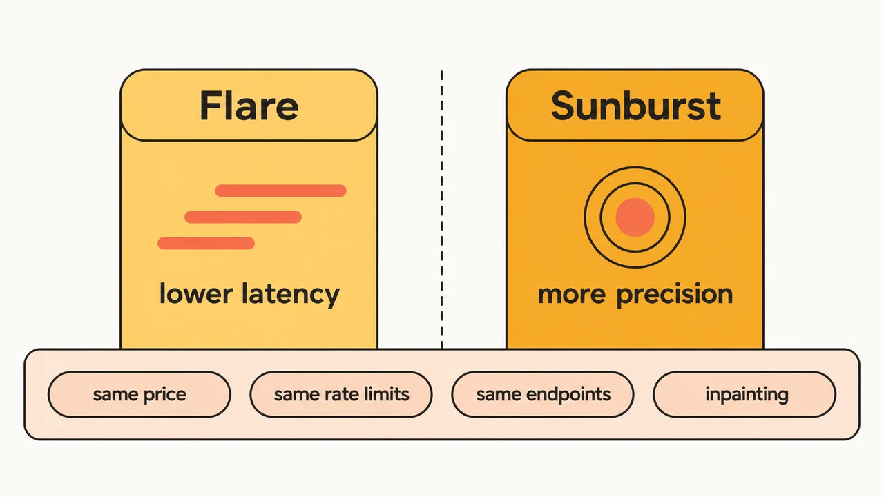 GPT Image 2.5 Flare and Sunburst share the same price, rate limits, endpoints and inpainting support, differing only in latency versus precision
