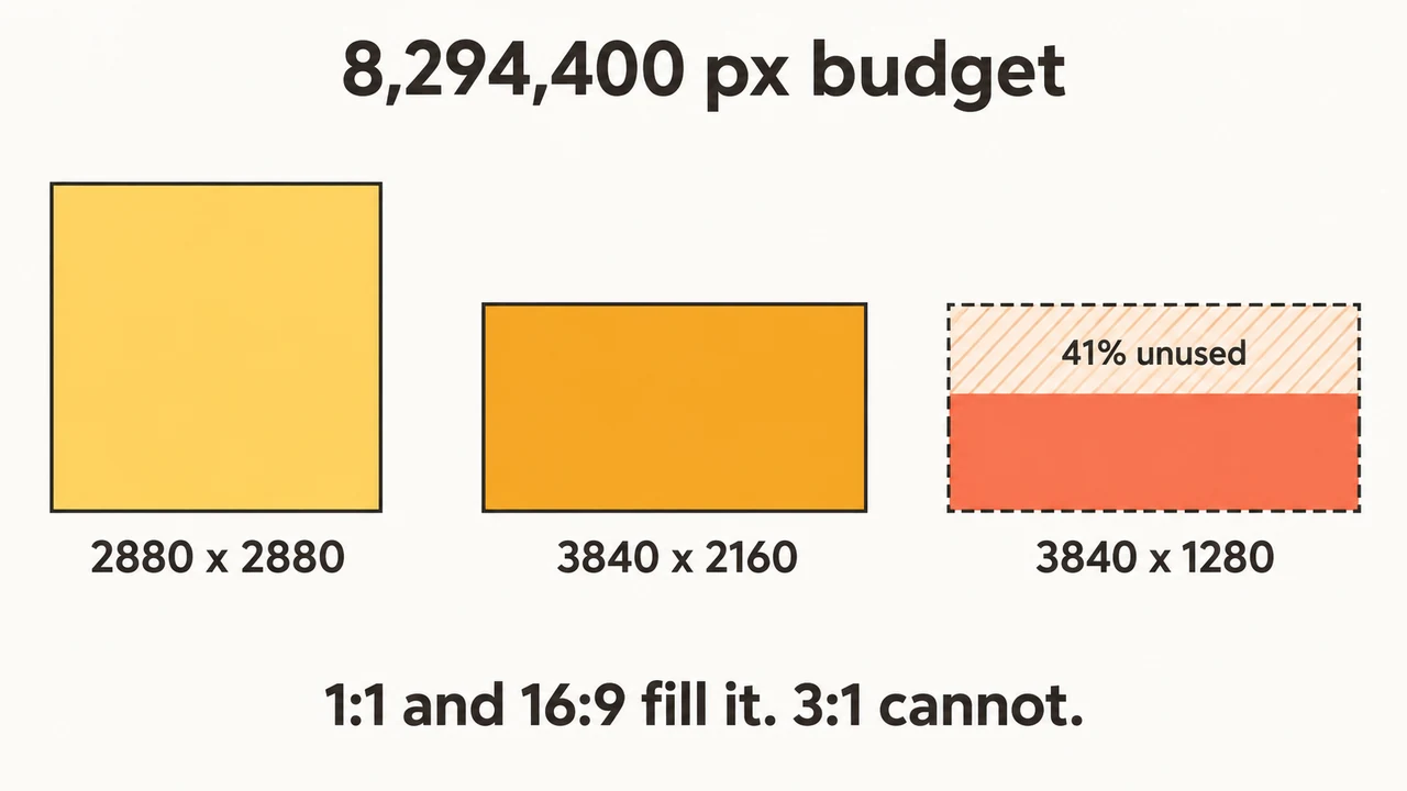 The GPT Image 2.5 pixel budget of 8,294,400: a 2880x2880 square and 3840x2160 both reach it, while 3840x1280 leaves 41% unused
