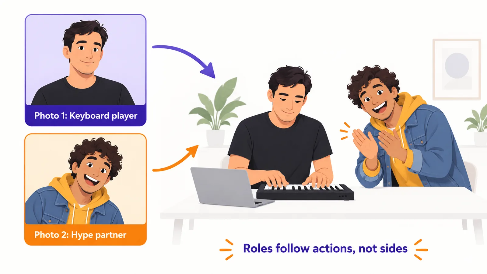 Photo 1 becomes the keyboard player and Photo 2 the hype partner in an Alors on Danse AI video: roles follow actions, not sides