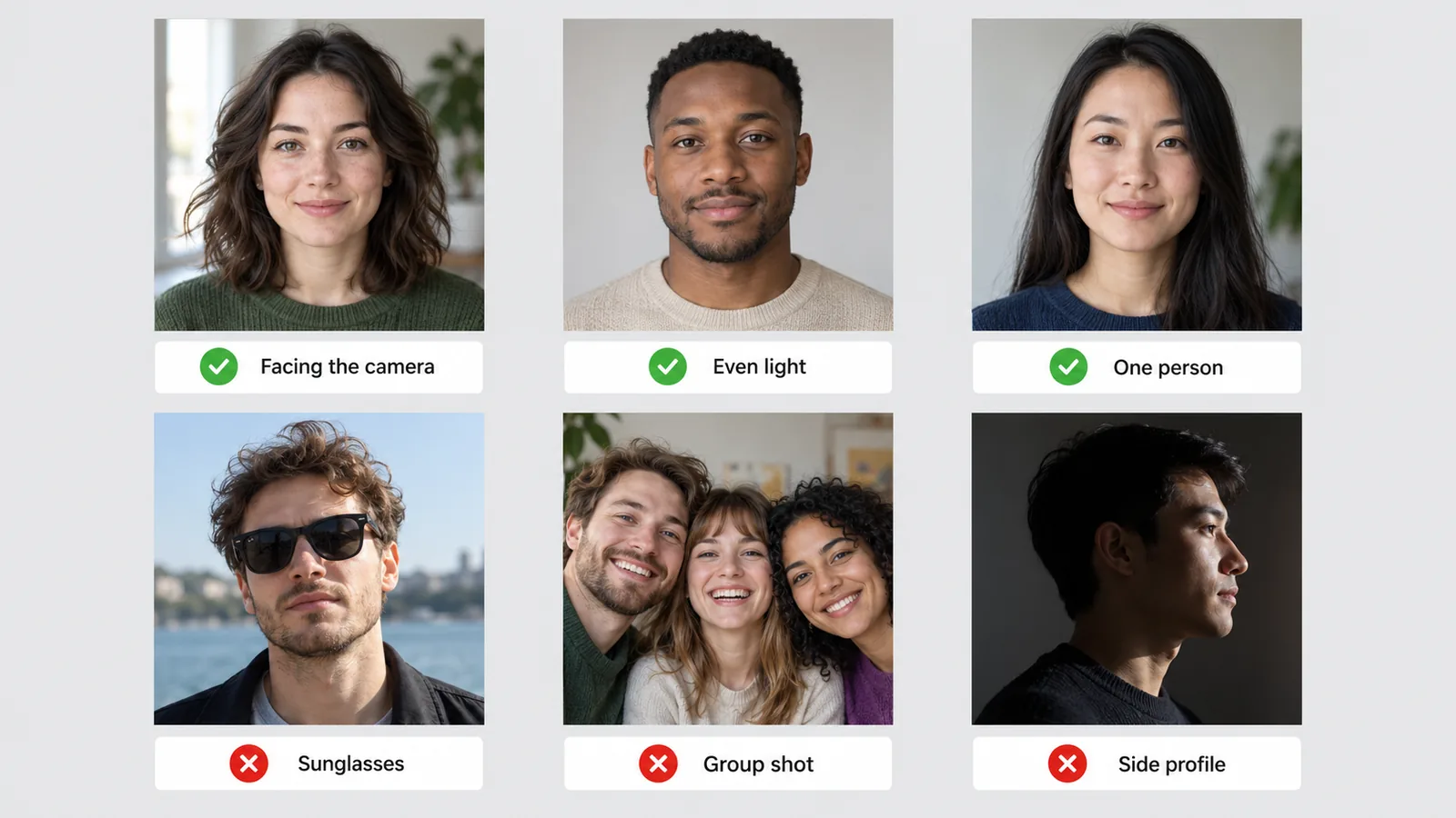 Photos that work for an Alors on Danse AI video (facing the camera, even light, one person) next to ones that don't (sunglasses, group shot, side profile)