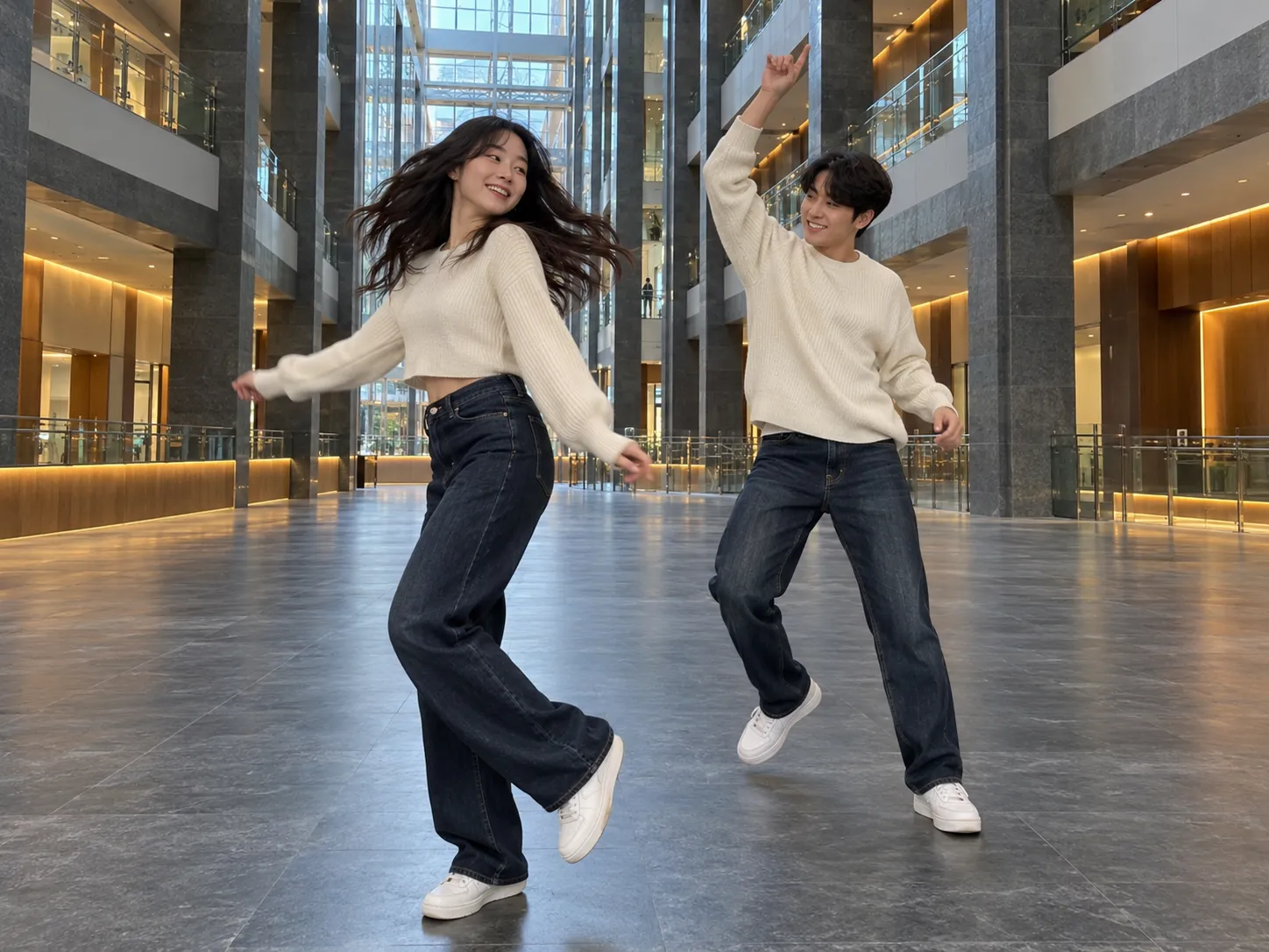 A couple in matching outfits mid-spin in the NEON duo dance, a couple's A2O LITE NEON AI dance video