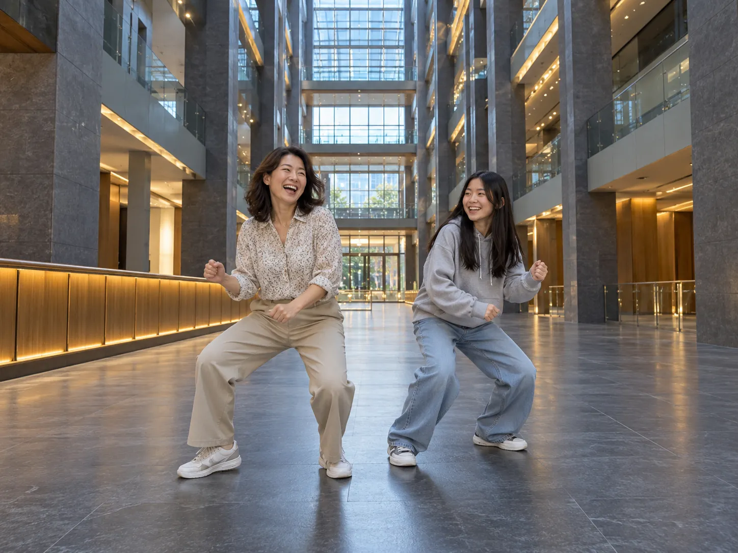 A mum and her teenage daughter doing the bouncy low steps of the NEON duo dance in a glass-roofed atrium, a family A2O LITE NEON AI dance video