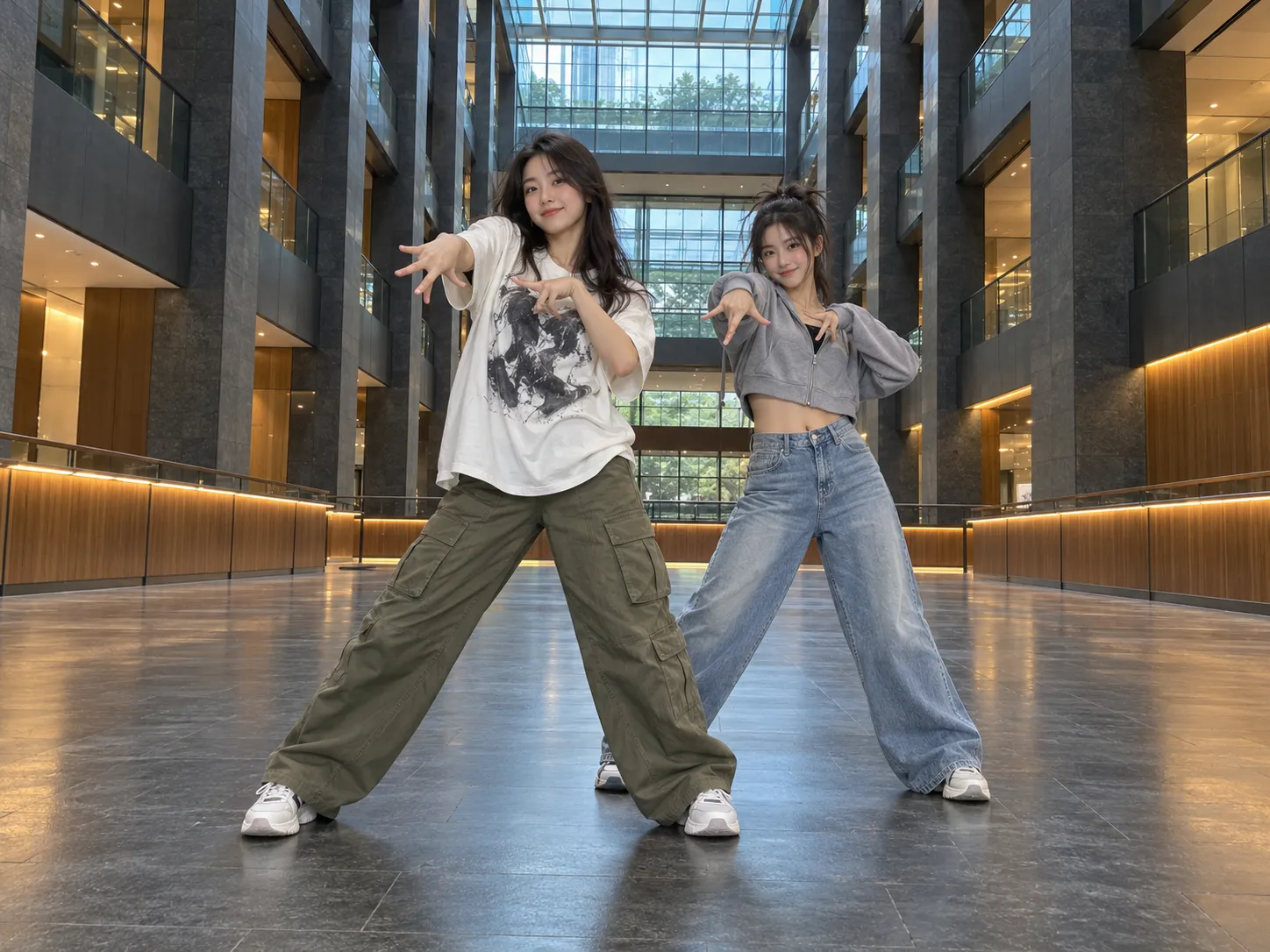 Two friends in streetwear side by side in the opening pose of the NEON duo dance, an A2O LITE NEON AI dance video made from two photos