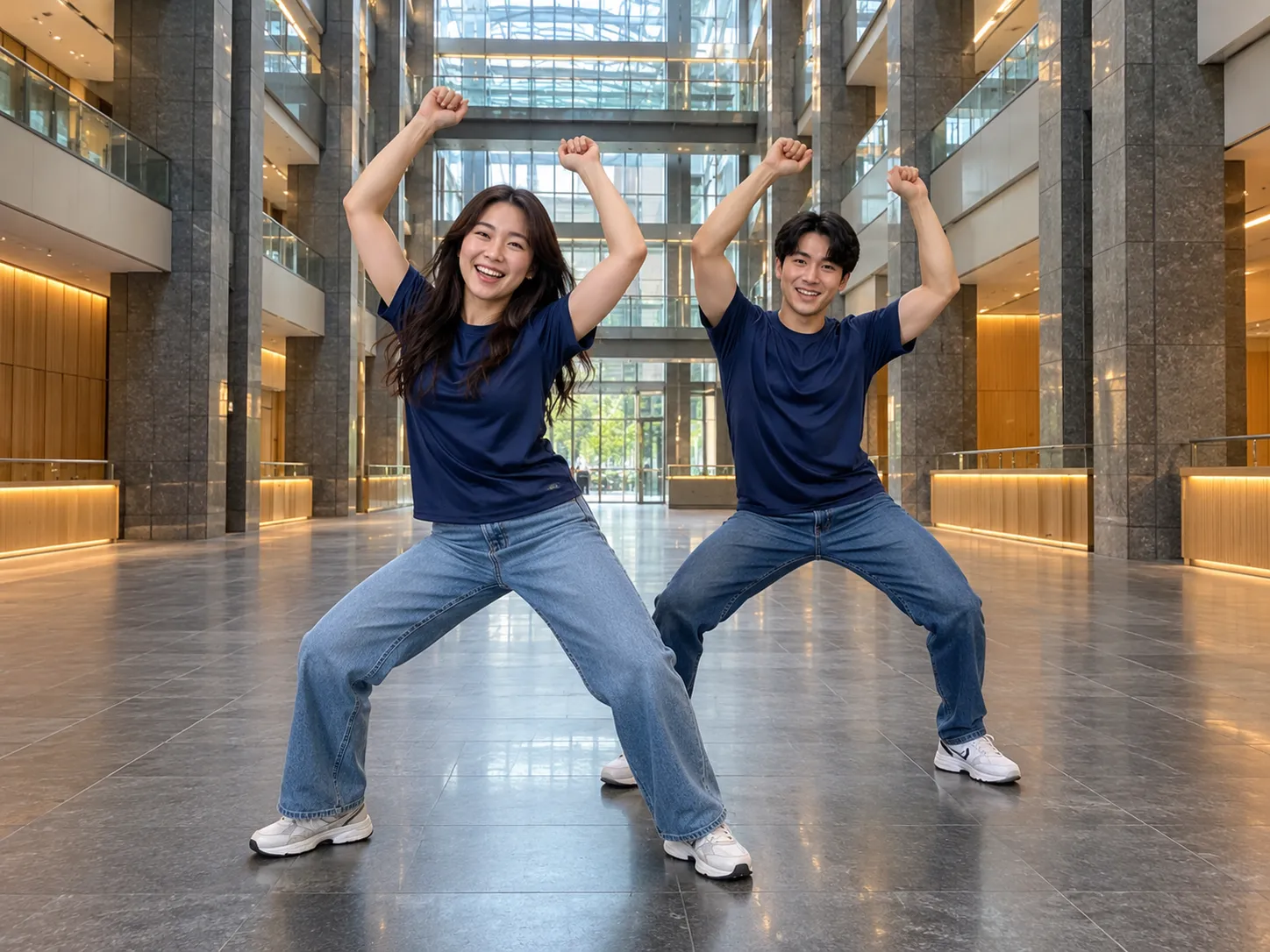 Two coworkers in matching team jerseys throwing their arms overhead in the NEON duo dance, a team A2O LITE NEON AI dance video