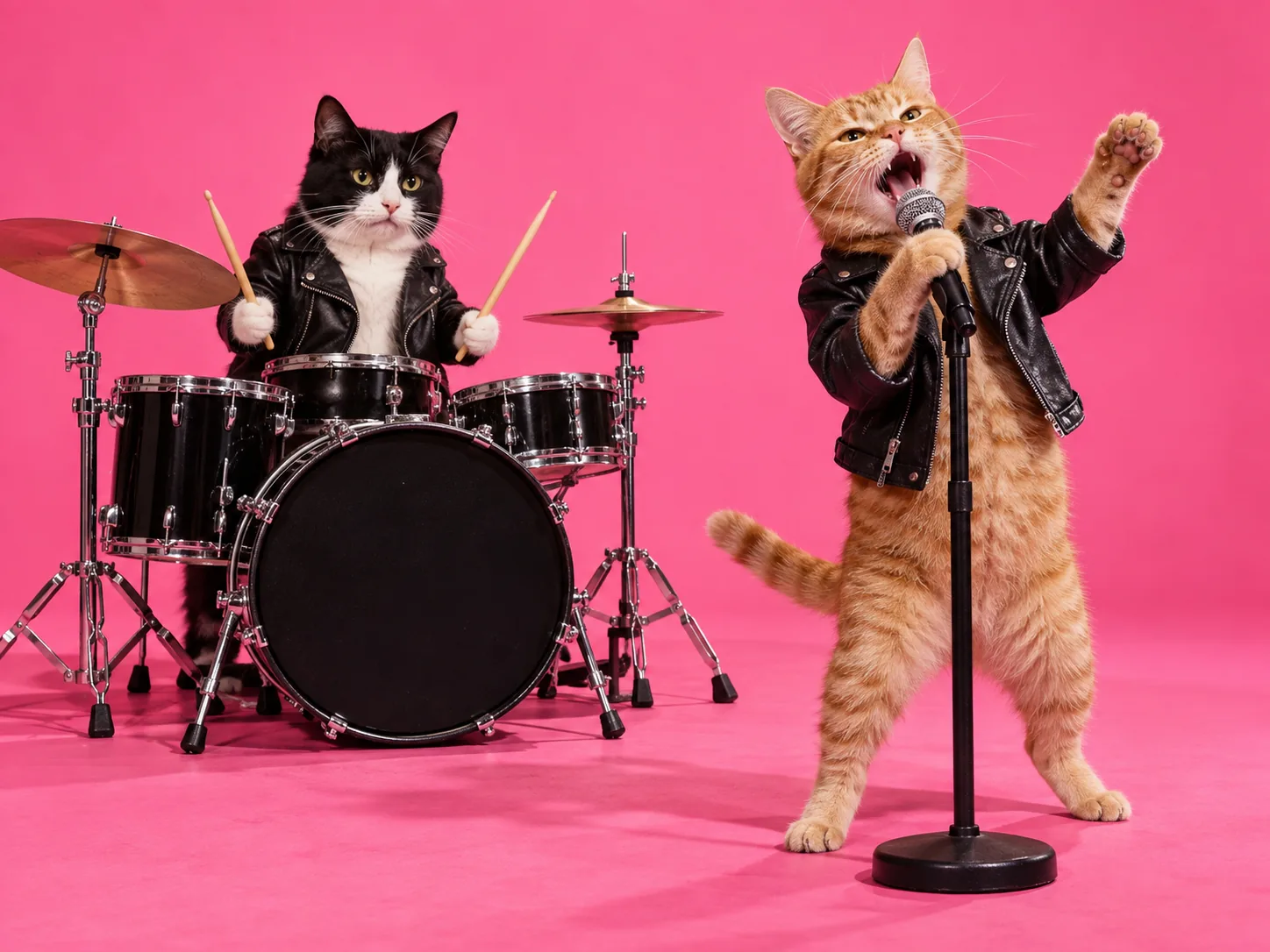 A tuxedo cat holding drumsticks behind a drum kit and an orange tabby singing, both in tiny leather jackets in a pink studio