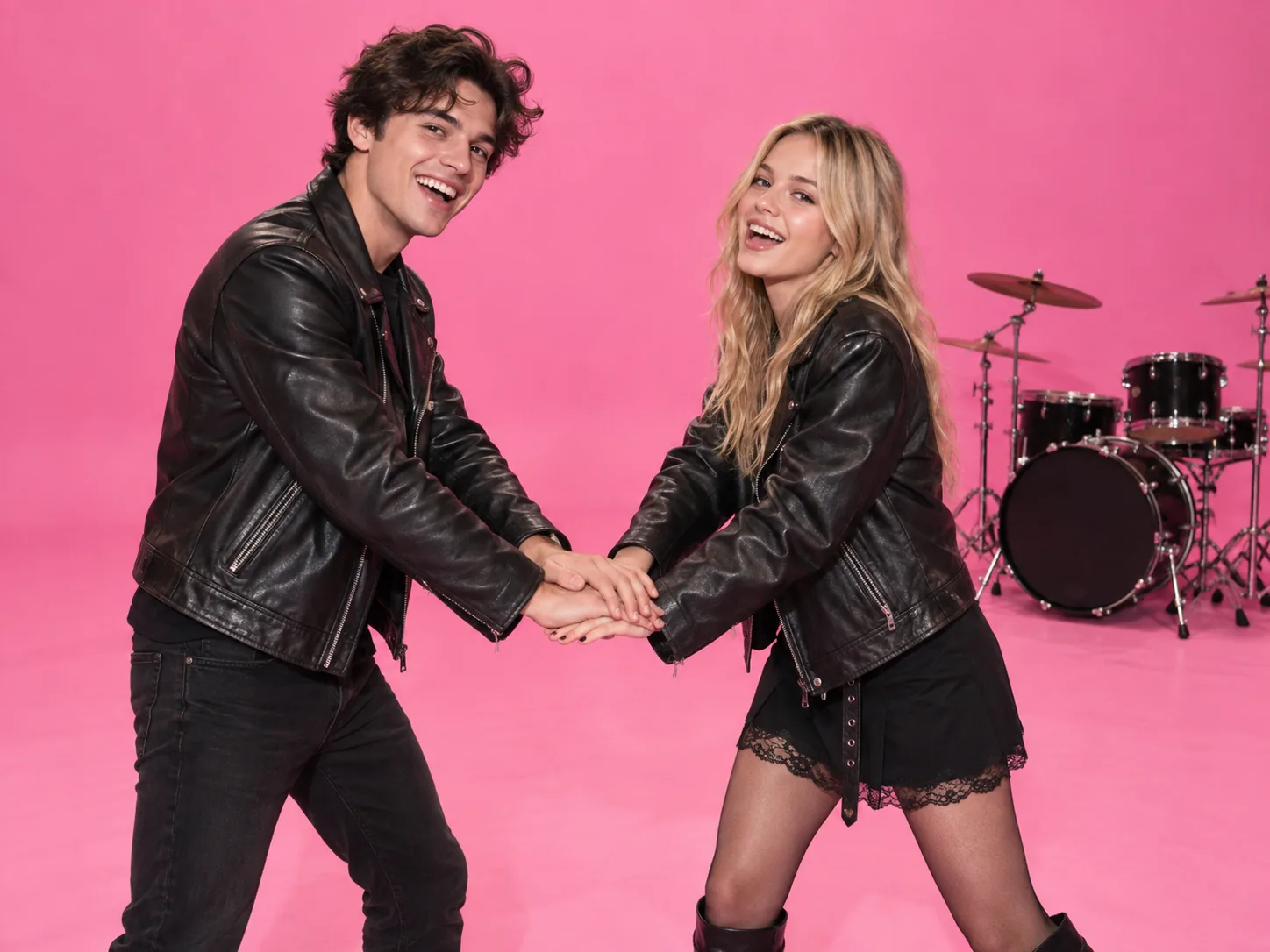 A young man and woman stacking their hands in a pink studio, grinning at the camera