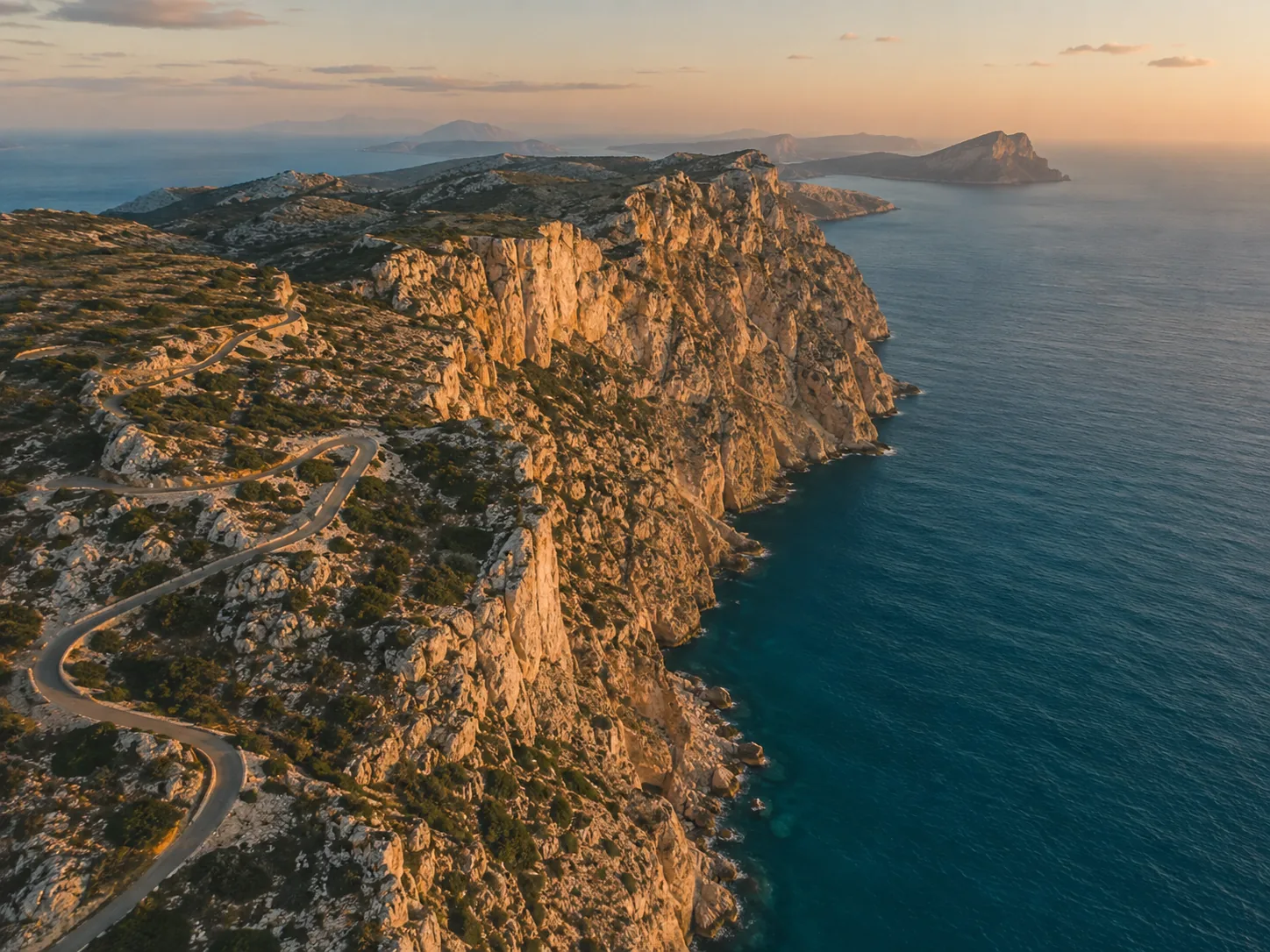 Cinematic drone flyover along a Mediterranean cliff coastline at golden hour, a switchback road threading the ridge
