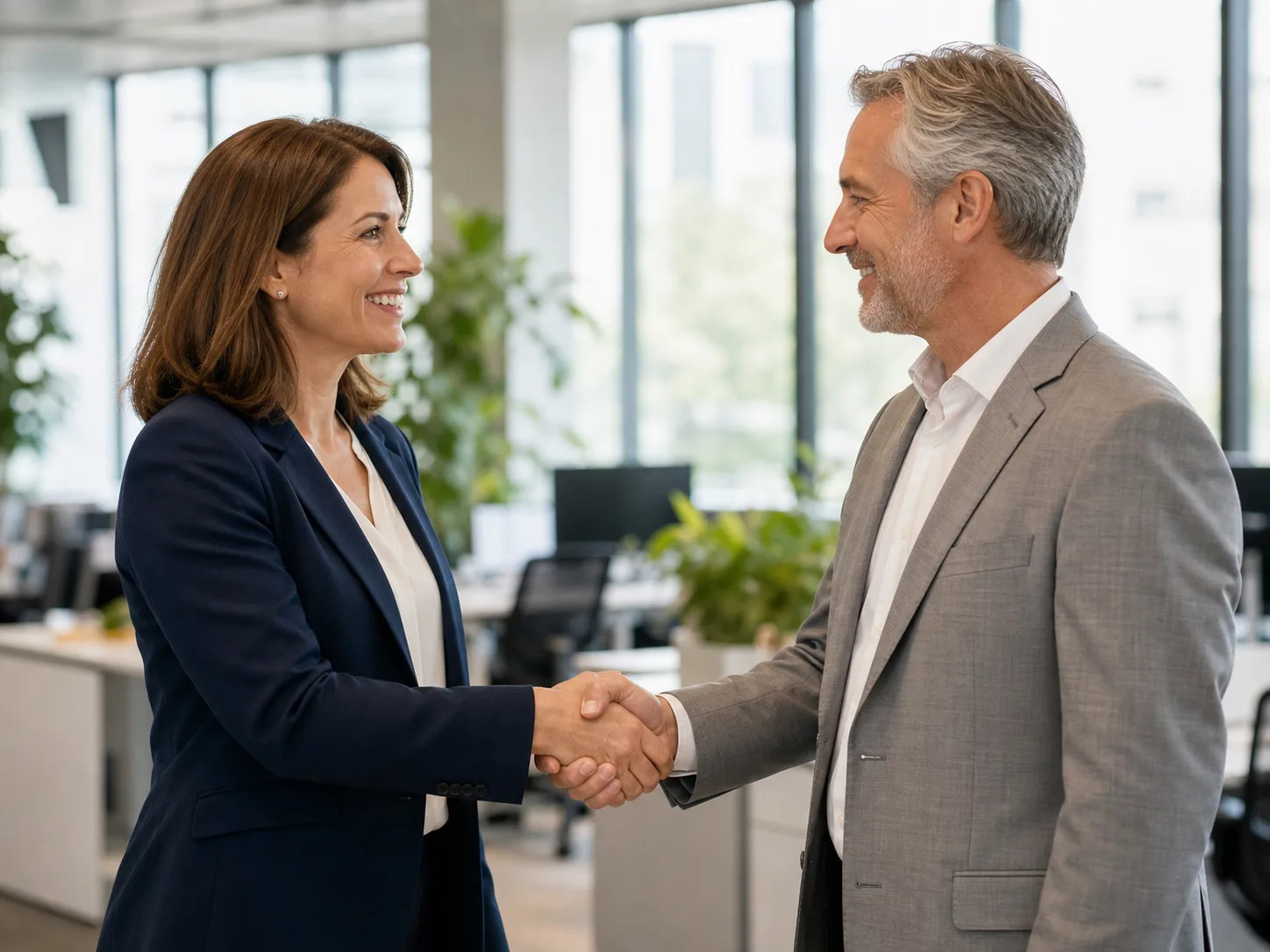 Two executives shaking hands in a bright modern office