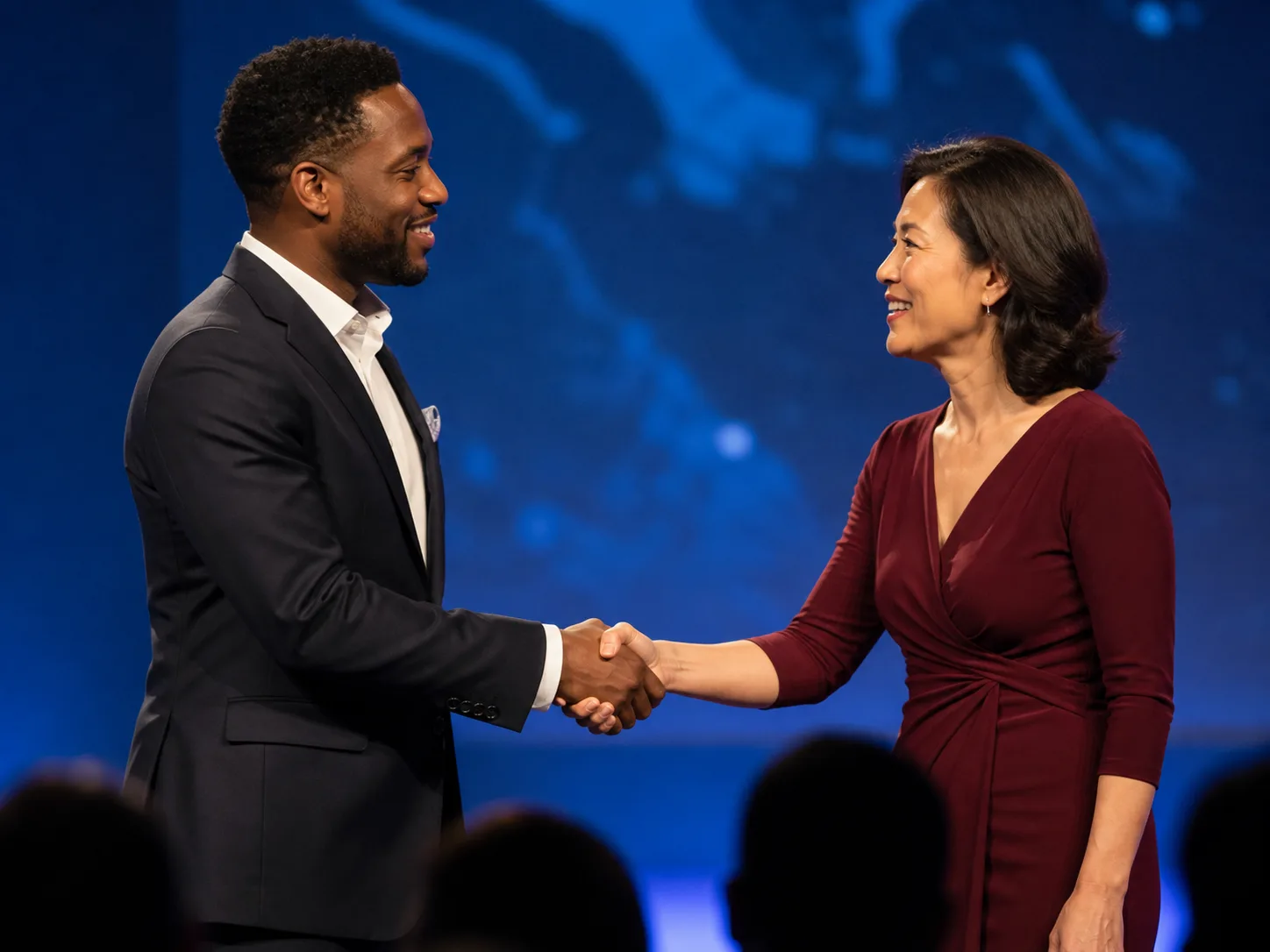 A speaker and a host shaking hands on a conference stage