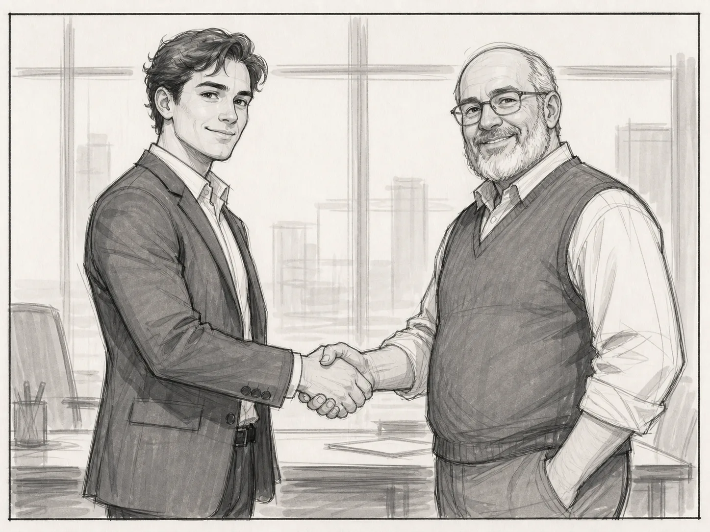 A pencil storyboard panel of two people meeting for a handshake