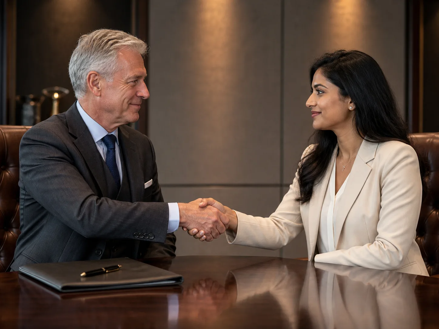 Two colleagues shaking hands across a boardroom table