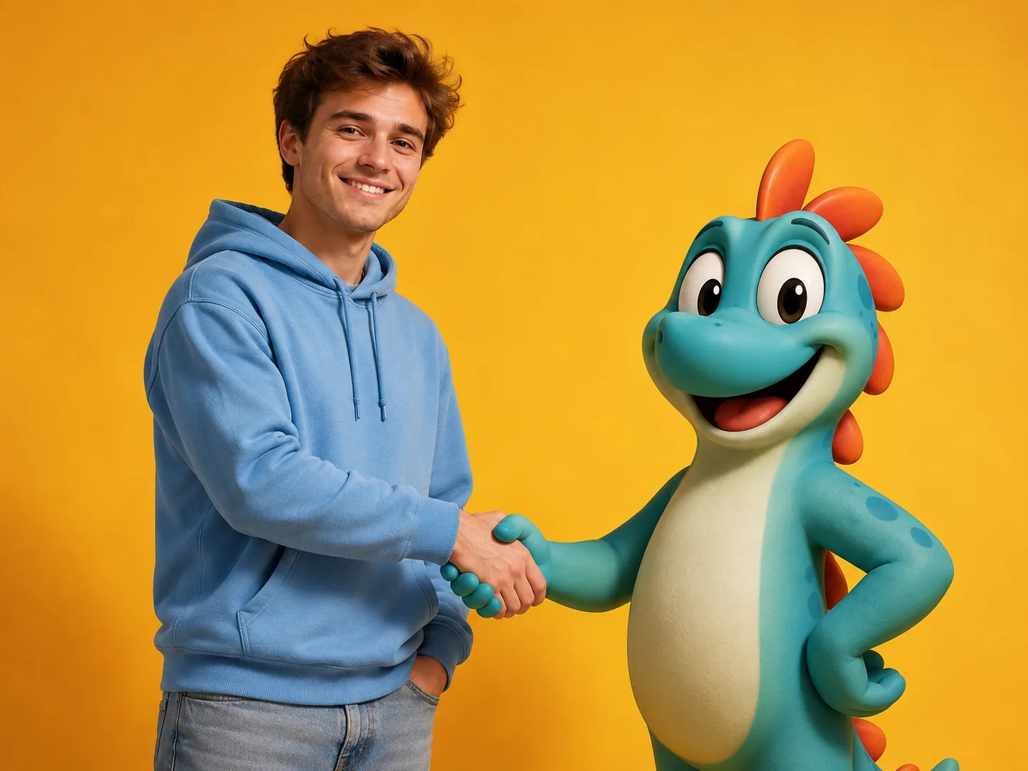A person in a hoodie shaking hands with a friendly cartoon dinosaur against a yellow backdrop, made with the AI handshake generator