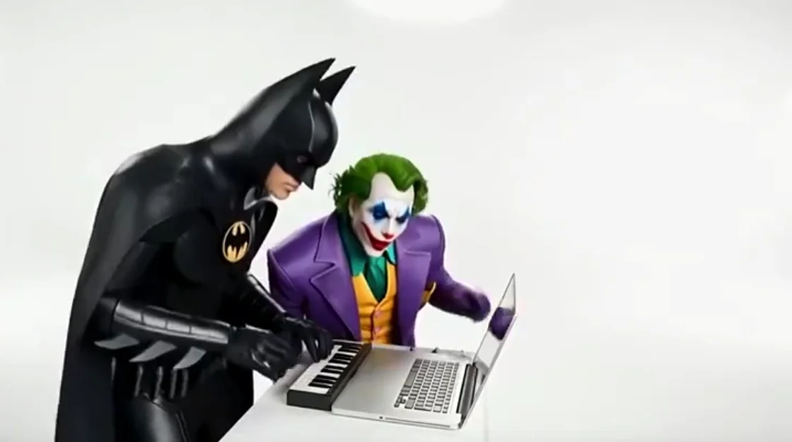 A masked hero in a black bat costume leaning over a compact keyboard while a green-haired clown in a purple suit watches the laptop beside him