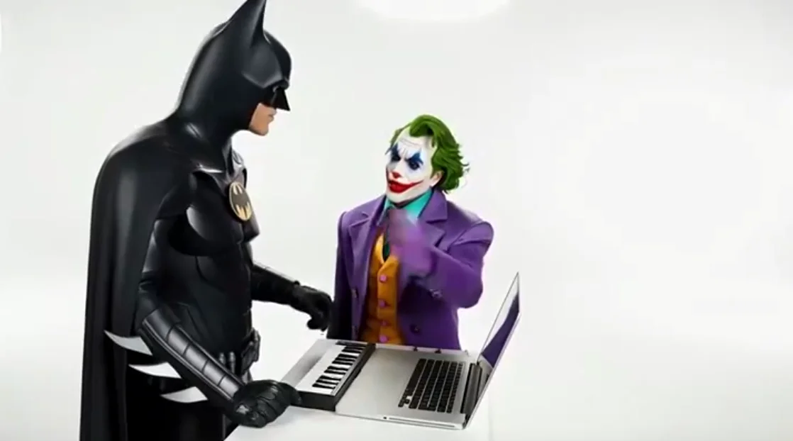 A masked hero in a black bat costume at a compact keyboard and laptop while a green-haired clown in a purple suit gestures beside him in a white studio