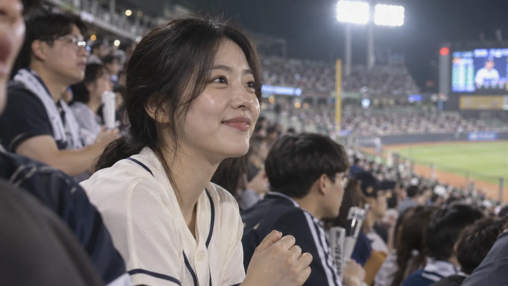 AI-generated Korean baseball spectator caught by a stadium broadcast camera