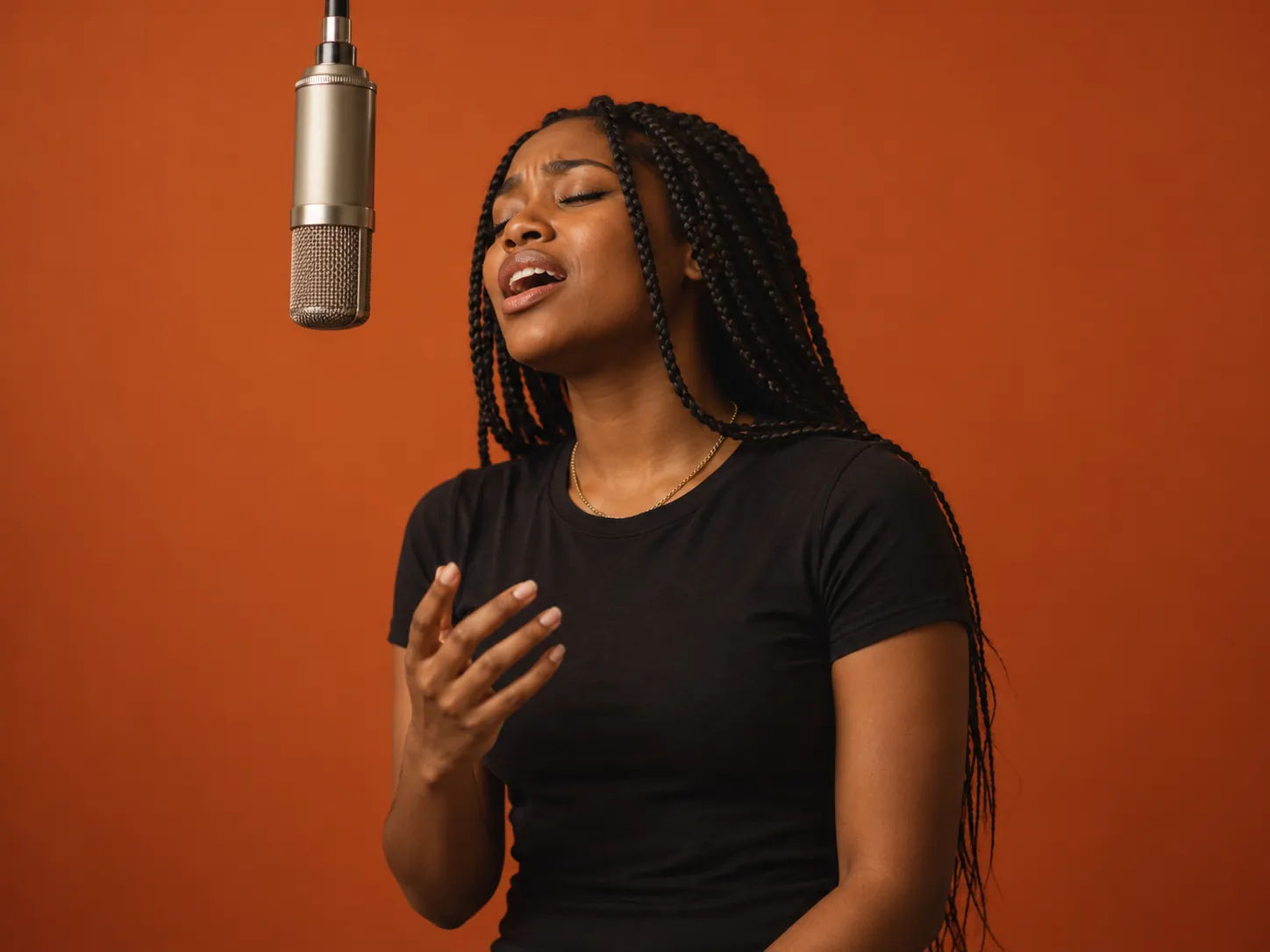 A young woman with long braids sings with her eyes closed at a hanging silver microphone in front of an orange wall, a Bécane Yamê AI trend video