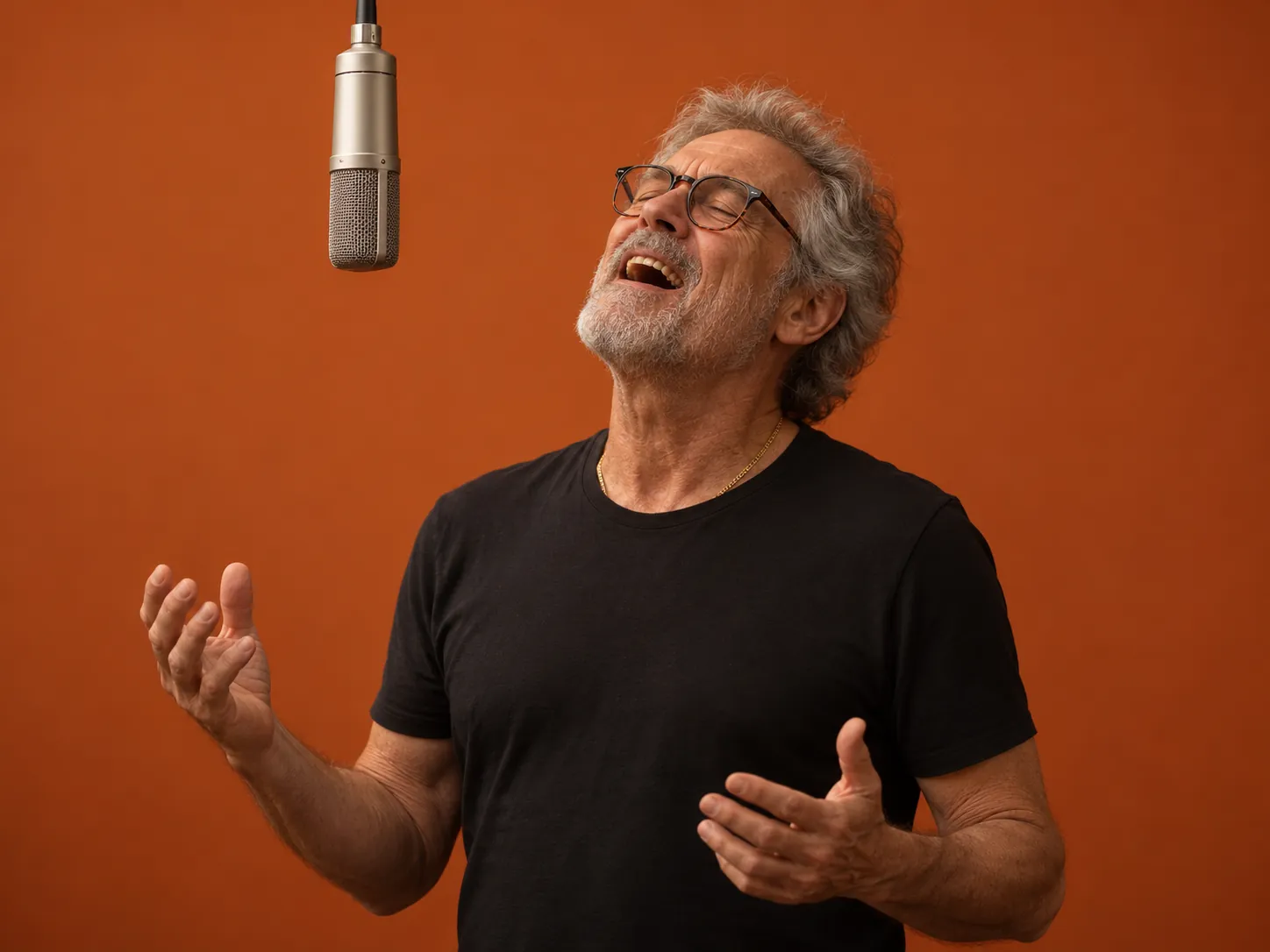 A grey-haired man in his sixties sings with his head tilted back at a hanging silver mic in front of an orange wall, a family Bécane AI video