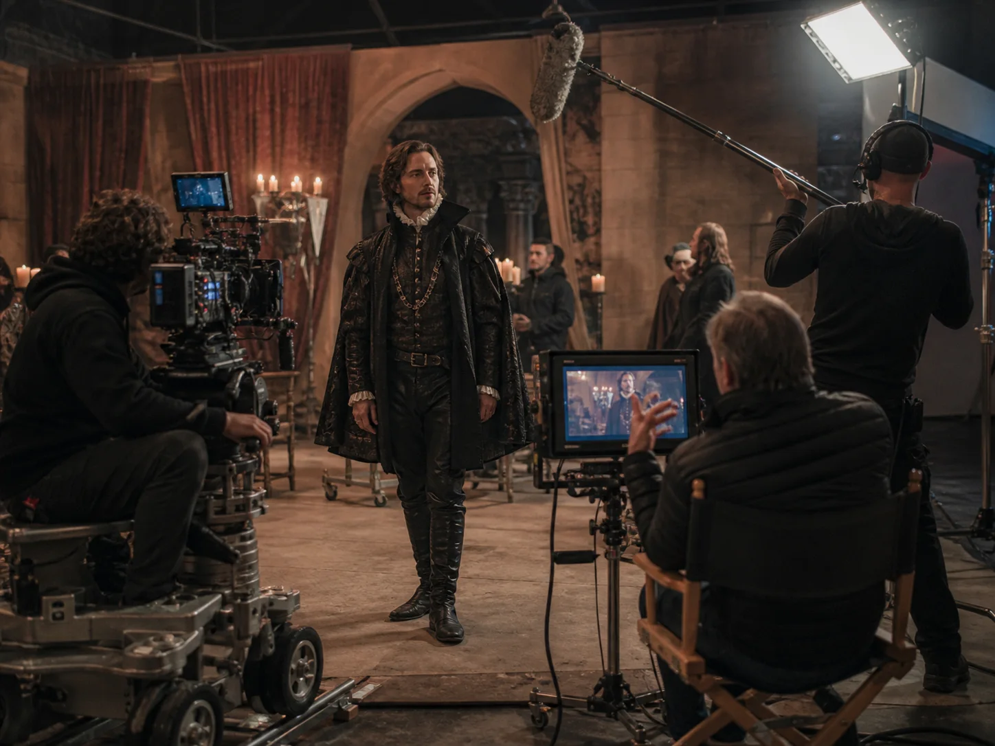 A film crew, cinema camera and boom operator revealed around a period-drama actor
