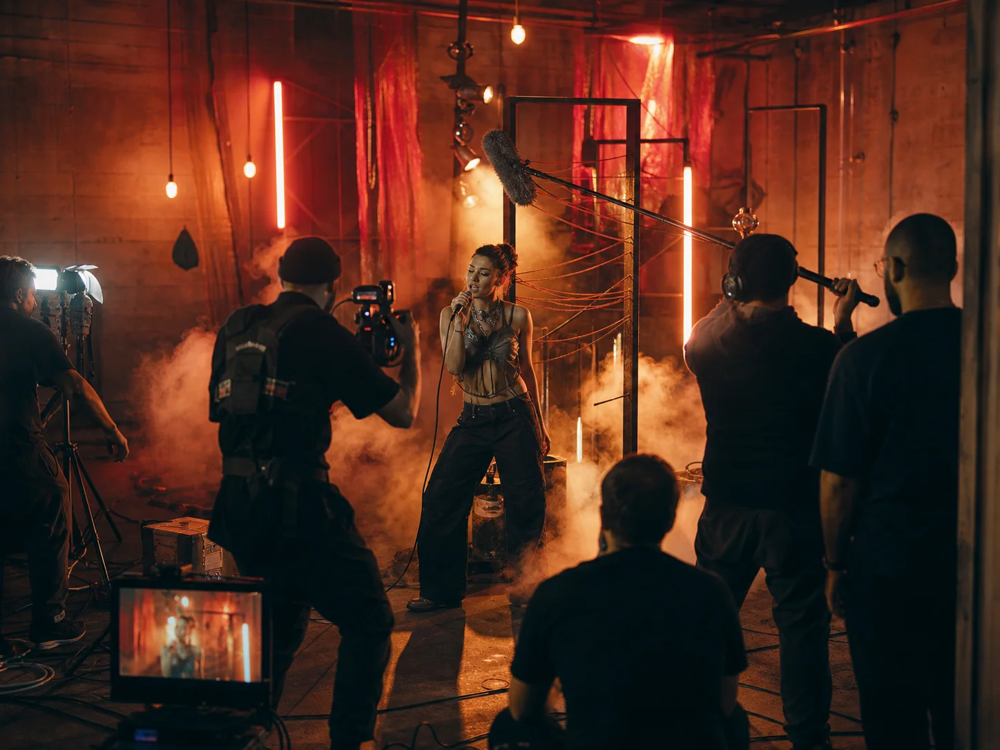 A music video crew filming a singer on an atmospheric practical set