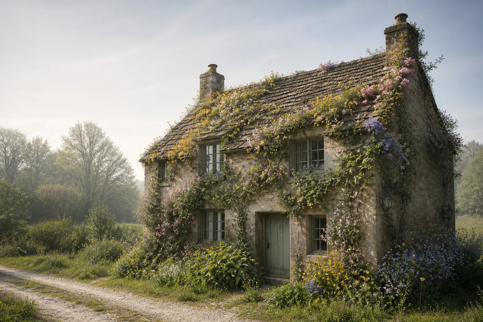 Wildflowers blooming across a cottage for an AI Bloom Effect video