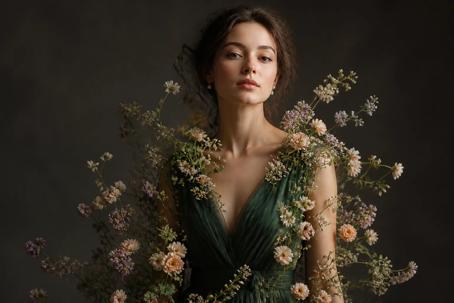 Editorial portrait framed by a cinematic flower bloom effect