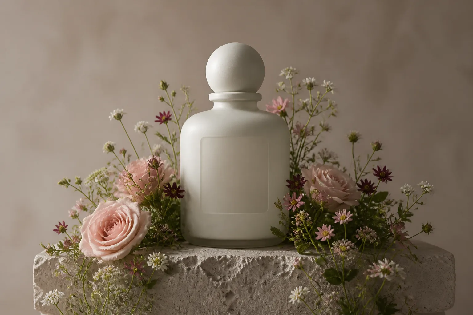 Flowers growing around a perfume bottle in an AI product bloom effect