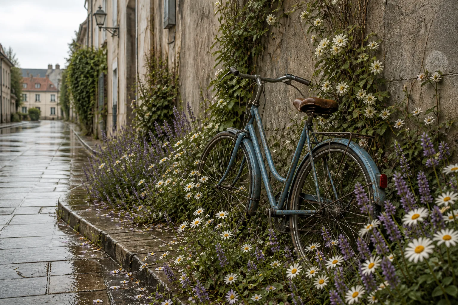 A bicycle and city street transformed with botanical bloom magic