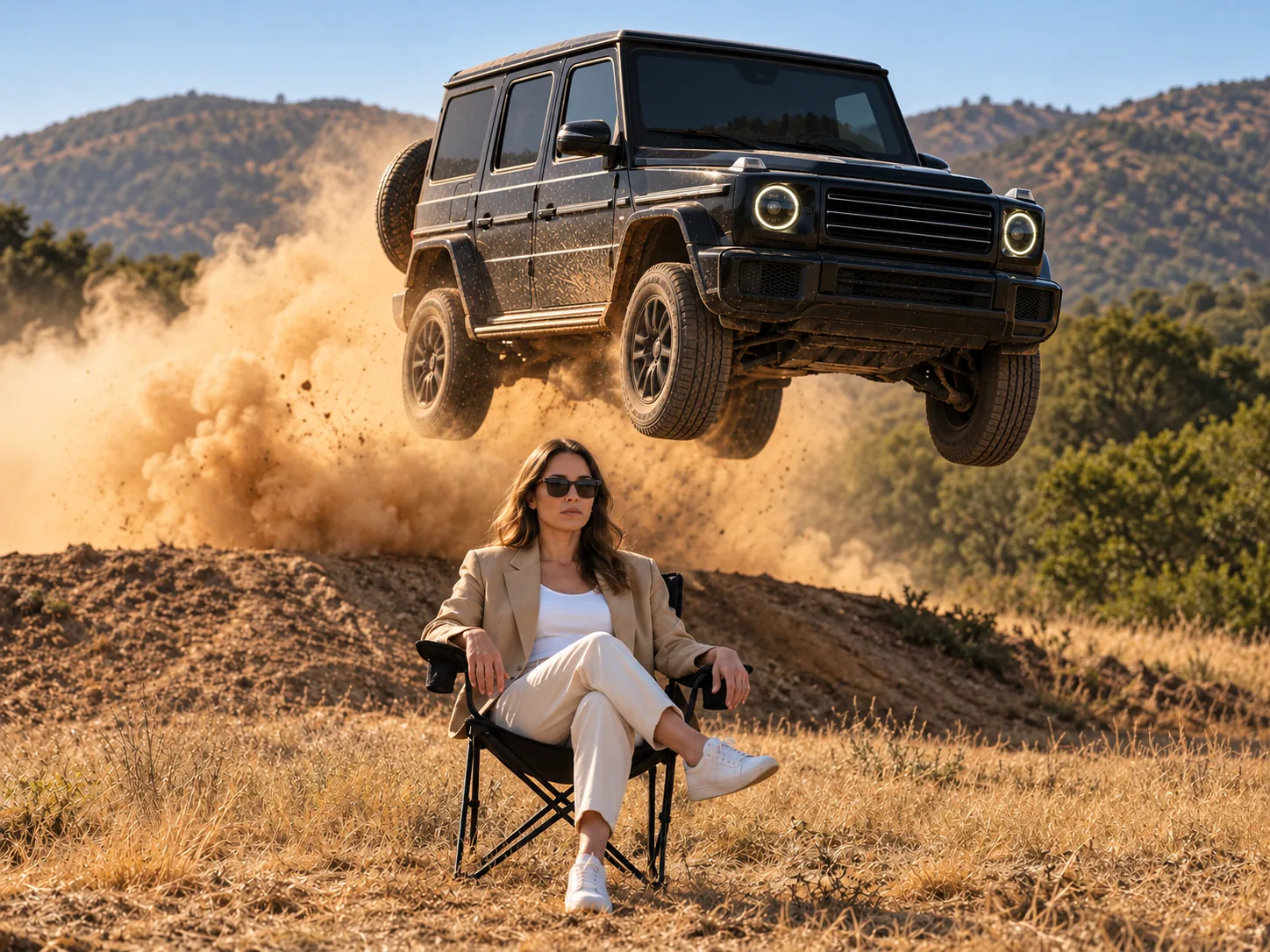 A woman in a beige blazer and sunglasses sitting cross-legged in a camp chair in a sunlit dry field while a black luxury SUV jumps over a dirt ridge behind her