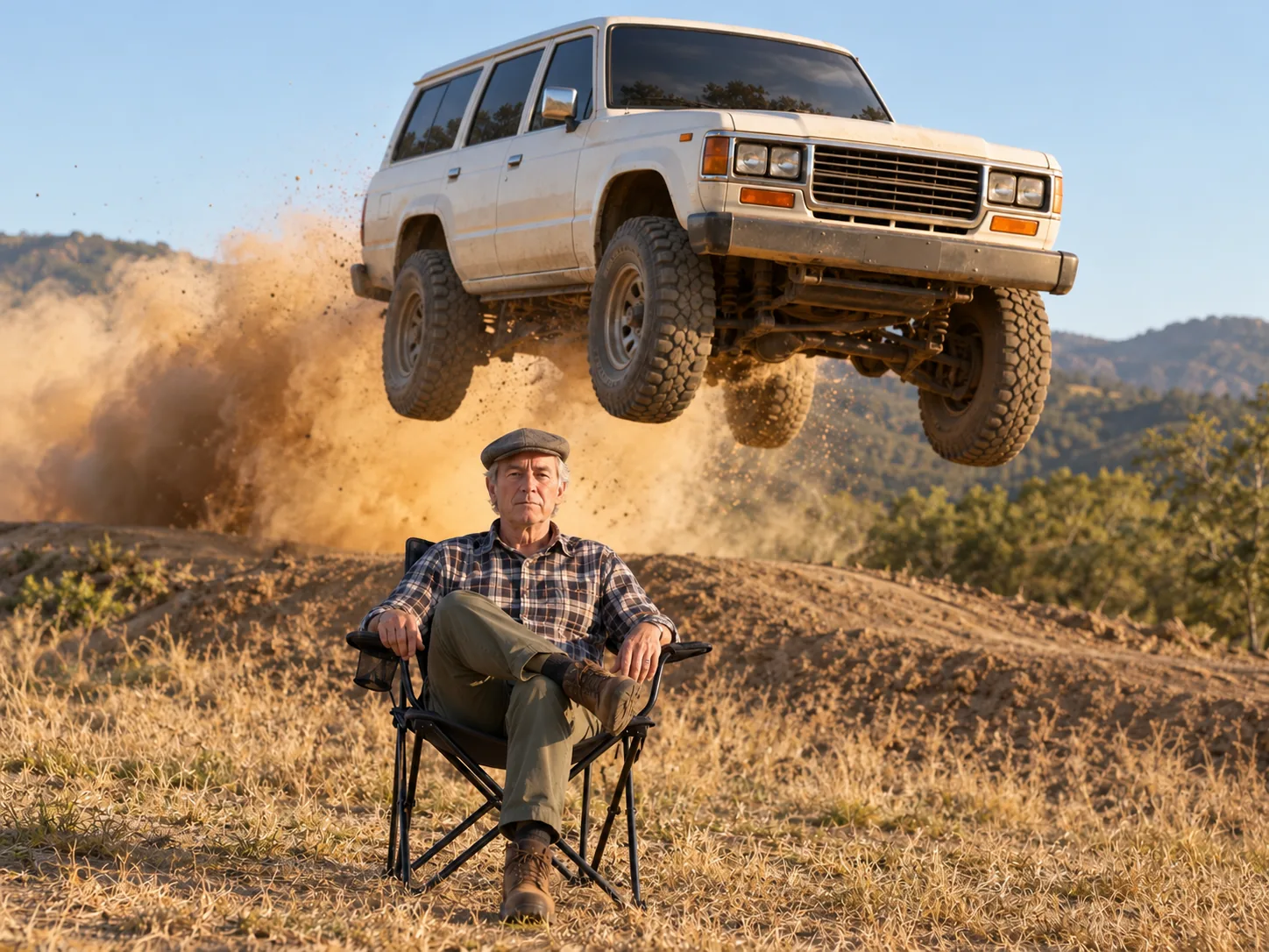 A grey-haired man in a flat cap and checked shirt sitting calmly in a folding chair in a dusty field while a white older SUV flies through the air behind him