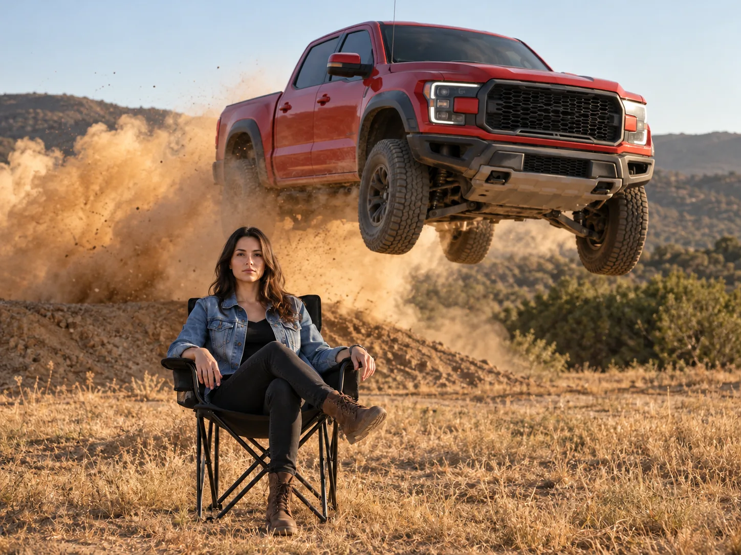 A woman in a denim jacket and boots sitting relaxed in a camp chair in a dry grass field while a red pickup truck soars over a dirt ramp behind her