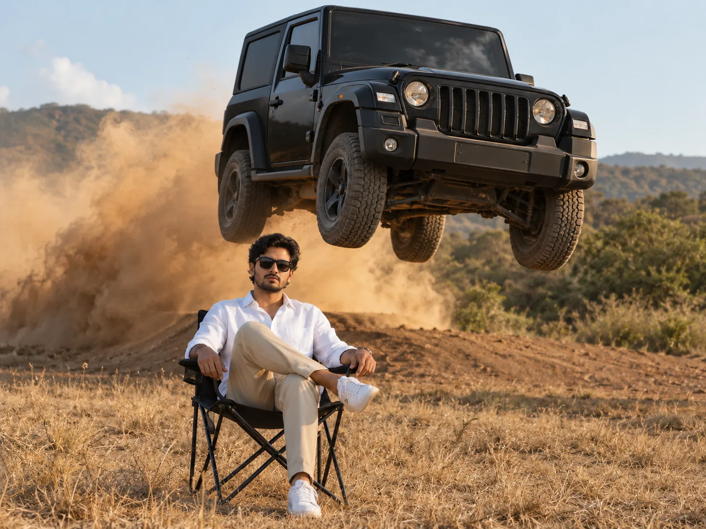 A young man in a white linen shirt and sunglasses sitting calmly in a folding camp chair in a dry field while a black boxy off-road SUV flies through the air behind him in a cloud of dust