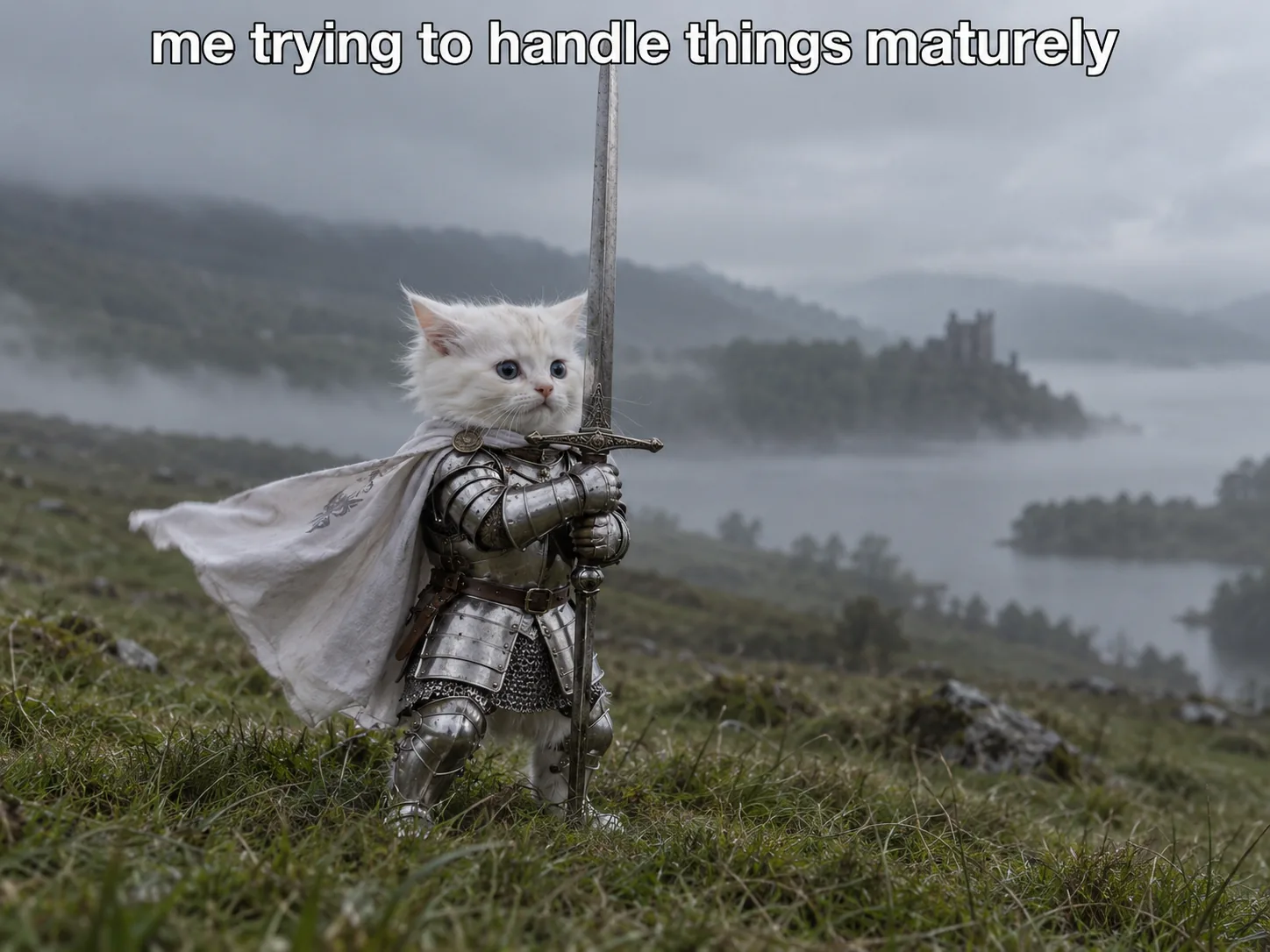 A white kitten in silver armor clutching a sword that is bigger than it is, with the caption "me trying to handle things maturely" above it