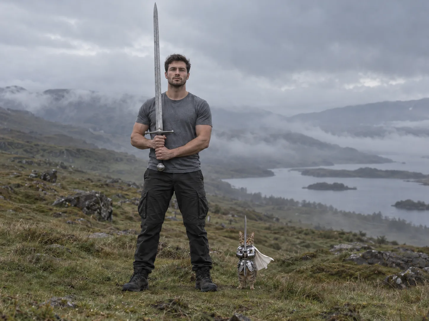 A tall man holding a huge greatsword upright in a foggy, windswept field while a small tabby cat in silver armor stands at his feet holding a tiny sword in the same pose
