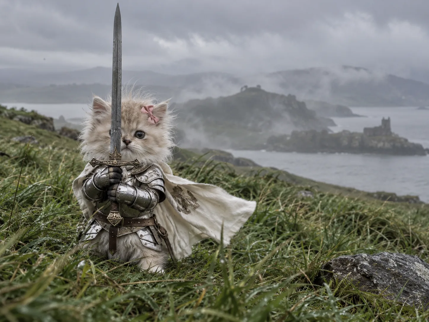 A fluffy cream kitten in tiny silver armor with a pink bow on its head holding an oversized sword in both paws, fur blowing in the wind, the cat knight meme