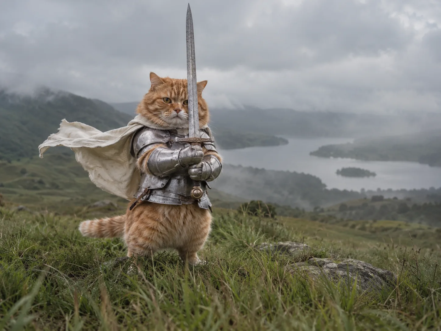 A round orange tabby cat in little medieval armor and a cape gripping a large sword, leaning into the wind with a determined face