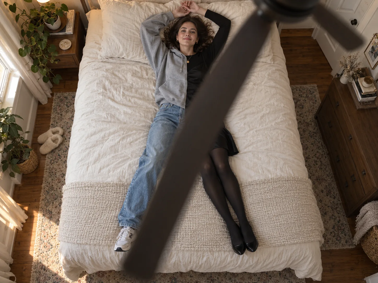 Overhead view past a blurred ceiling fan blade: a woman lying on a bed, her outfit changing from a grey hoodie to a black dress across the blade