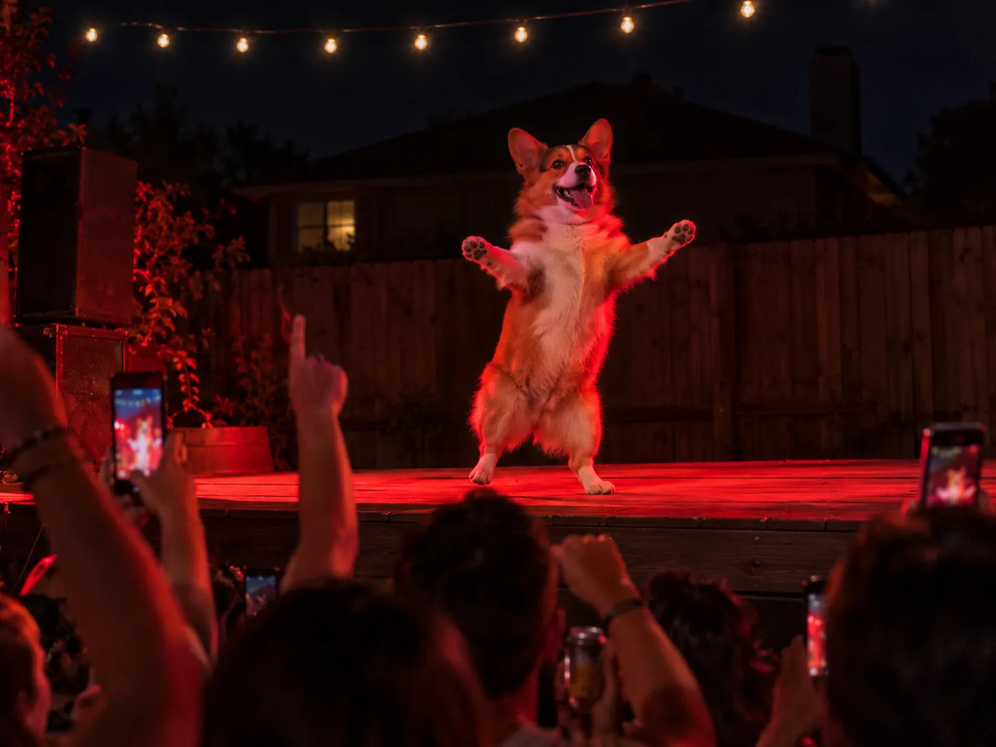 A corgi standing upright on its hind legs on a party stage with its front paws spread wide, red light and festoon lights above