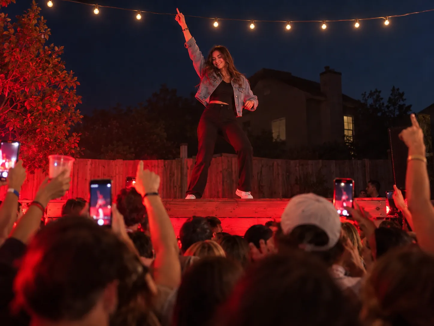 A woman in a denim jacket on a wooden stage at a night party, one arm pointed to the sky under red stage light