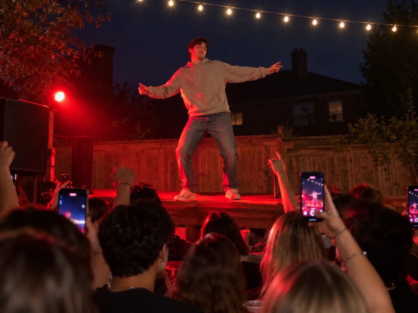A young man in a hoodie dancing alone on a red-lit party stage with both arms spread wide while the crowd films on their phones