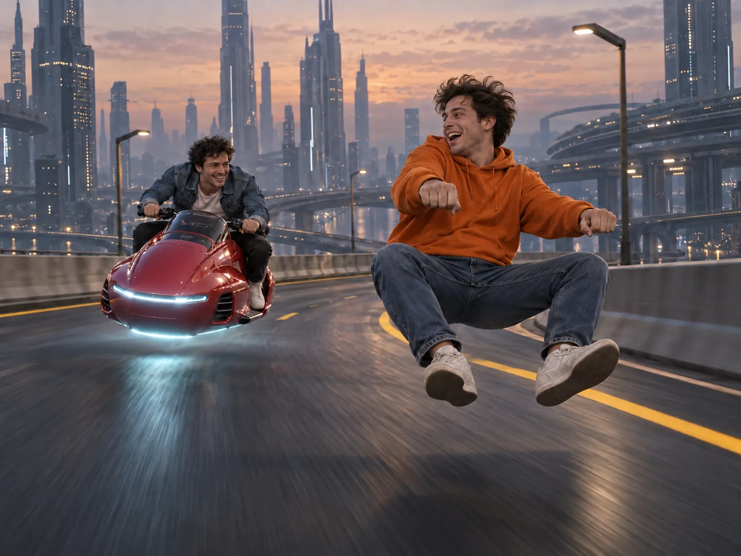 Two friends on an elevated highway at dusk, one fleeing on an invisible motorcycle while the other chases on a red hover-bike, a best friends Crazy Frog chase AI video