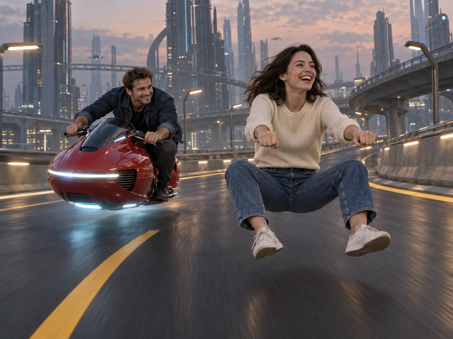 A woman laughing as she flees on an invisible bike while her boyfriend chases her on a red hover-bike, a couple's Crazy Frog chase