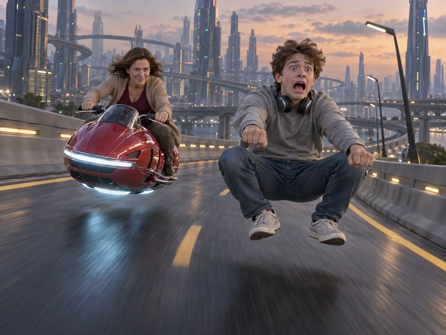 A mum on a red hover-bike chasing her panicked teenage son, who rides an invisible motorcycle down a futuristic highway, a family Crazy Frog chase