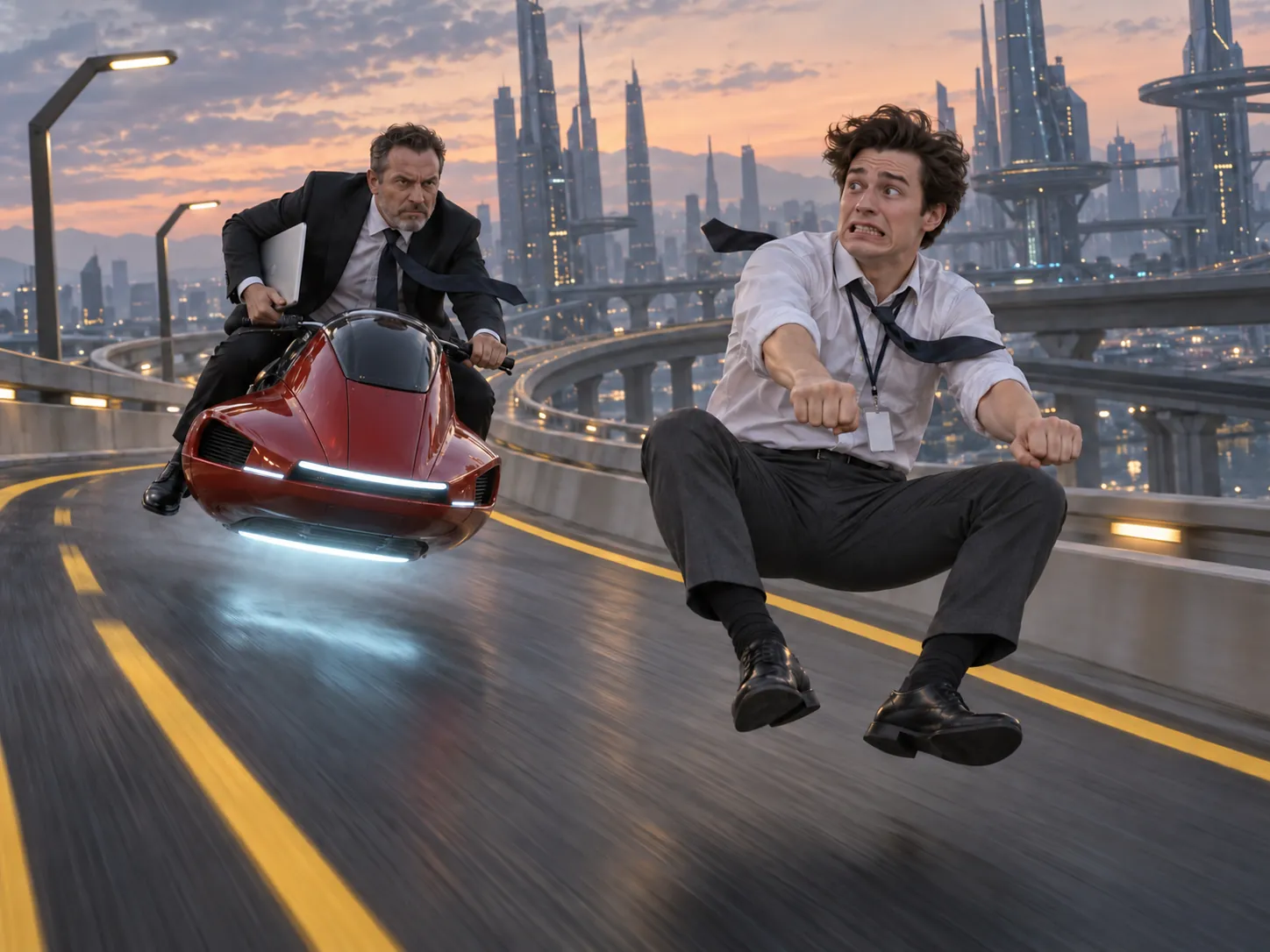 A boss in a suit chasing an office worker on a red hover-bike along a futuristic highway, a Crazy Frog meme video made with AI