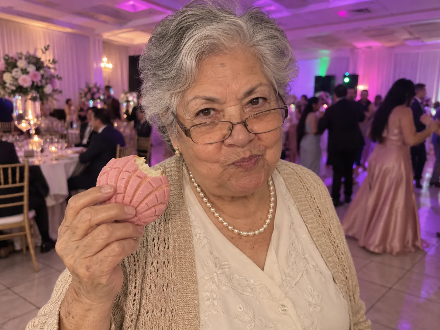 A grey-haired grandmother in glasses, a beige cardigan and a pearl necklace holds a bitten pink concha and stares over her glasses in a ballroom, a family Bby Wow AI dance video