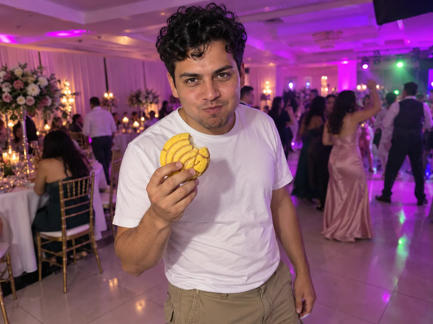 A curly-haired guy in a white tee and khaki trousers holds a yellow concha with a bite taken out and stares into the camera at a party, a friend's Bby Wow guy AI video
