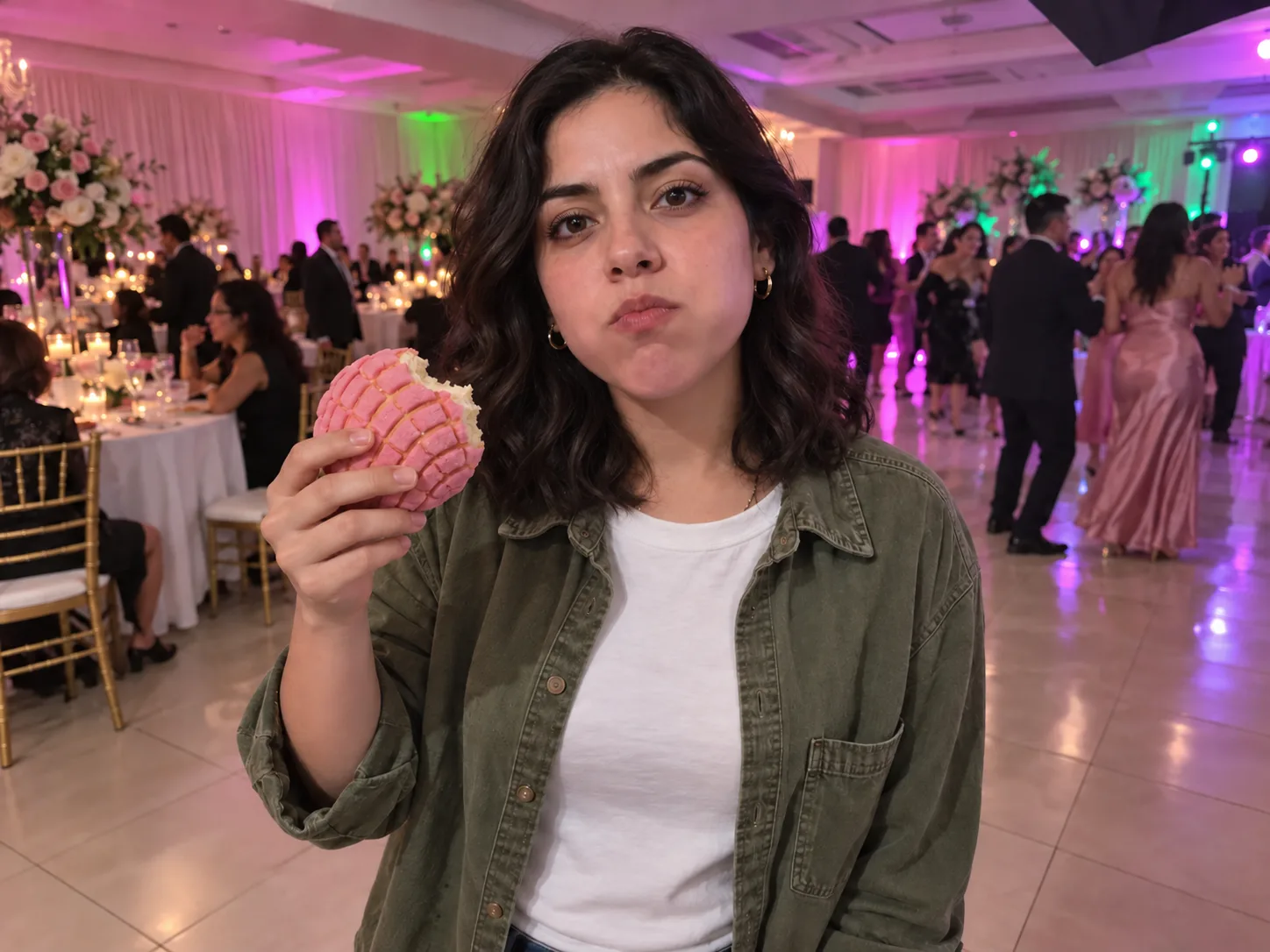 A young woman with dark wavy hair in an olive-green overshirt and white tee holds a pink concha with a bite gone and stares into the lens in a purple-lit quince hall, a dime dime baby AI video made from her photo