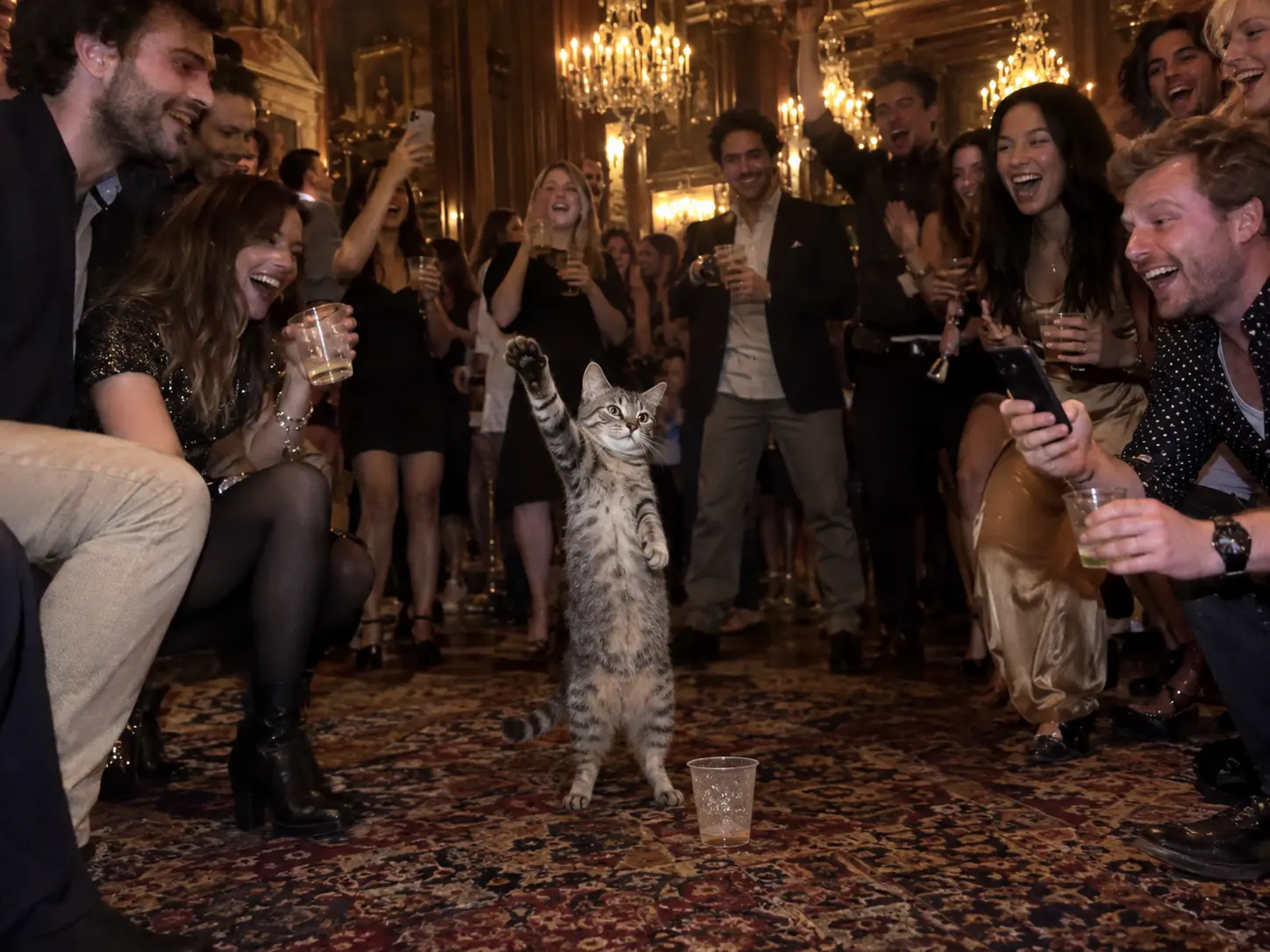 A grey tabby cat standing upright with a front paw raised at a crowded chandelier-lit house party
