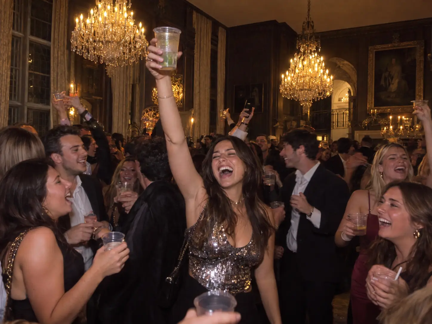 A woman in a sequin top raising a party cup and laughing in the middle of a crowded chandelier-lit living room