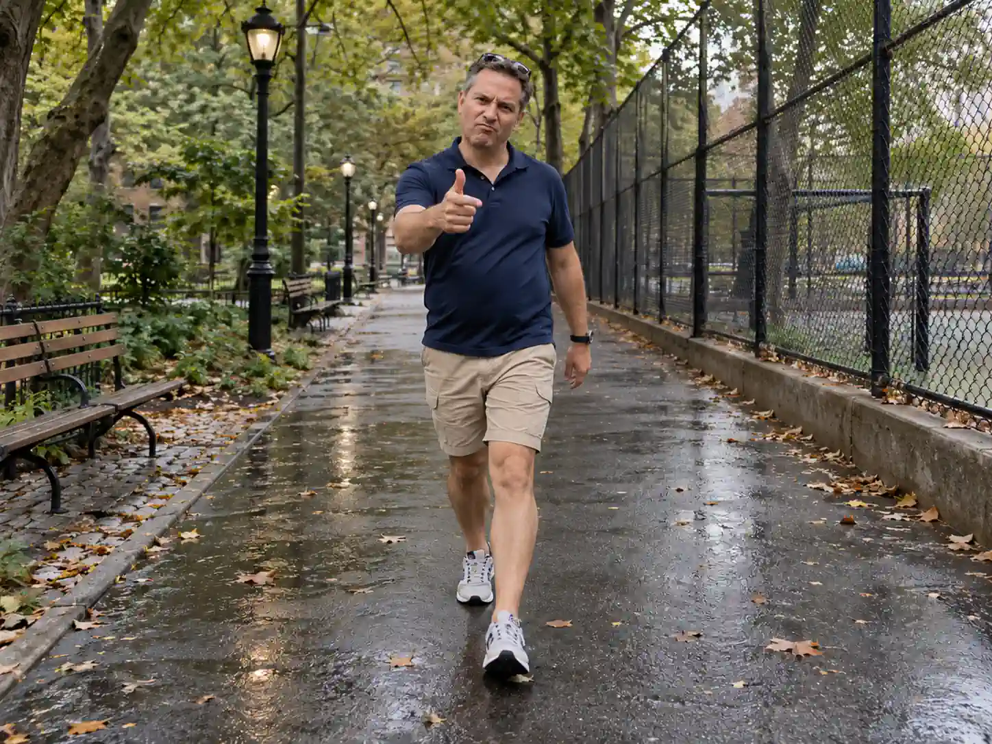 A middle-aged dad in a polo shirt doing a swagger walk down a wet, fenced park path with a thumbs-up, a Fergie Baby AI video of a parent